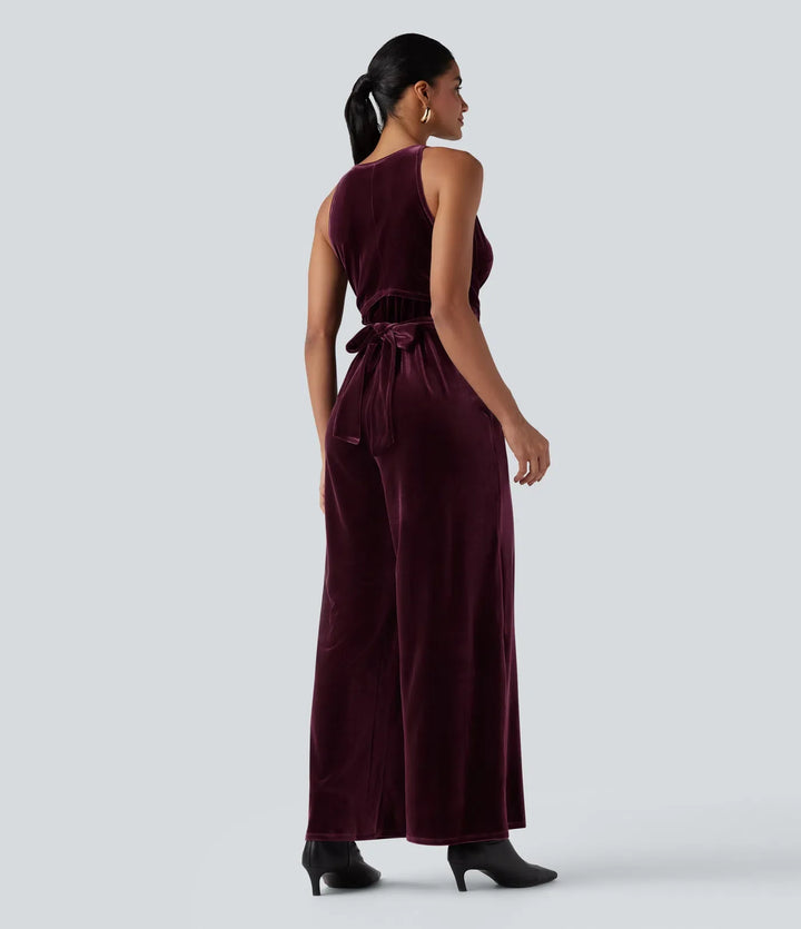 Rund hals ärmlös knytning i ryggen sammet fest jumpsuit med fickor