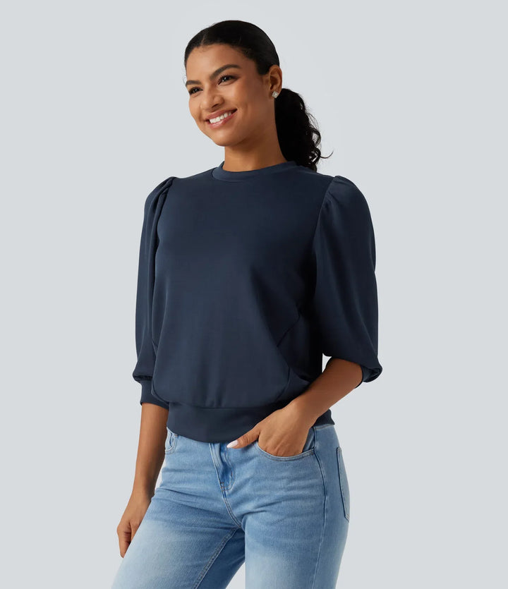 Rund hals puff 3/4 ärm vardaglig sweatshirt