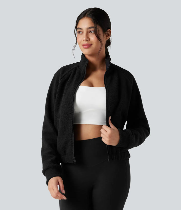 Vändbar hög hals långärmad fleece vandringsjacka med fickor (två looks i en)