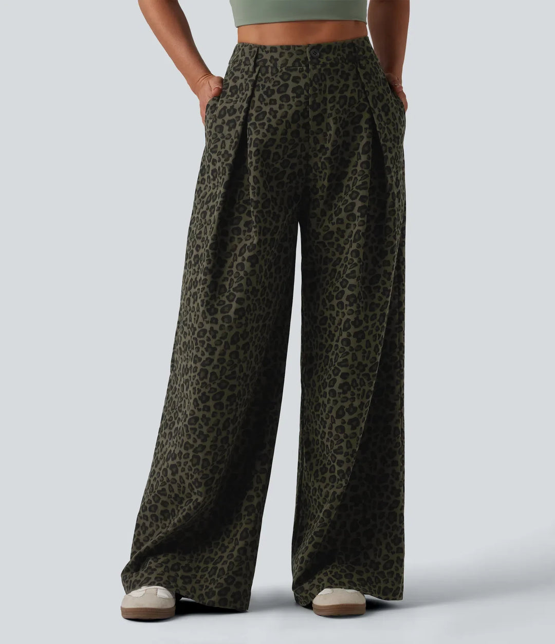 Medelhög midja vida ben baggy leopardmönster vardagsbyxor med fickor