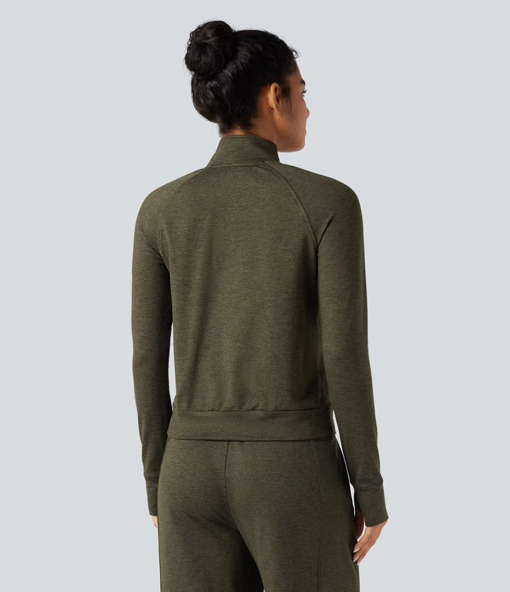 Halv dragkedja tumhål snabbtorkande fleece vardaglig melerad sweatshirt med fickor-UPF40+