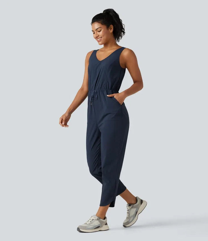 V-ringad dragsko rundad fåll vandring jumpsuit med fickor