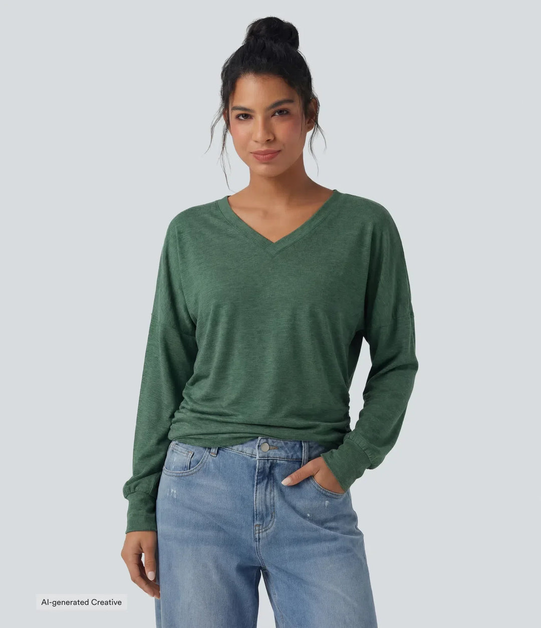 V-ringning långärmad rynklad avslappnad T-shirt för vardag