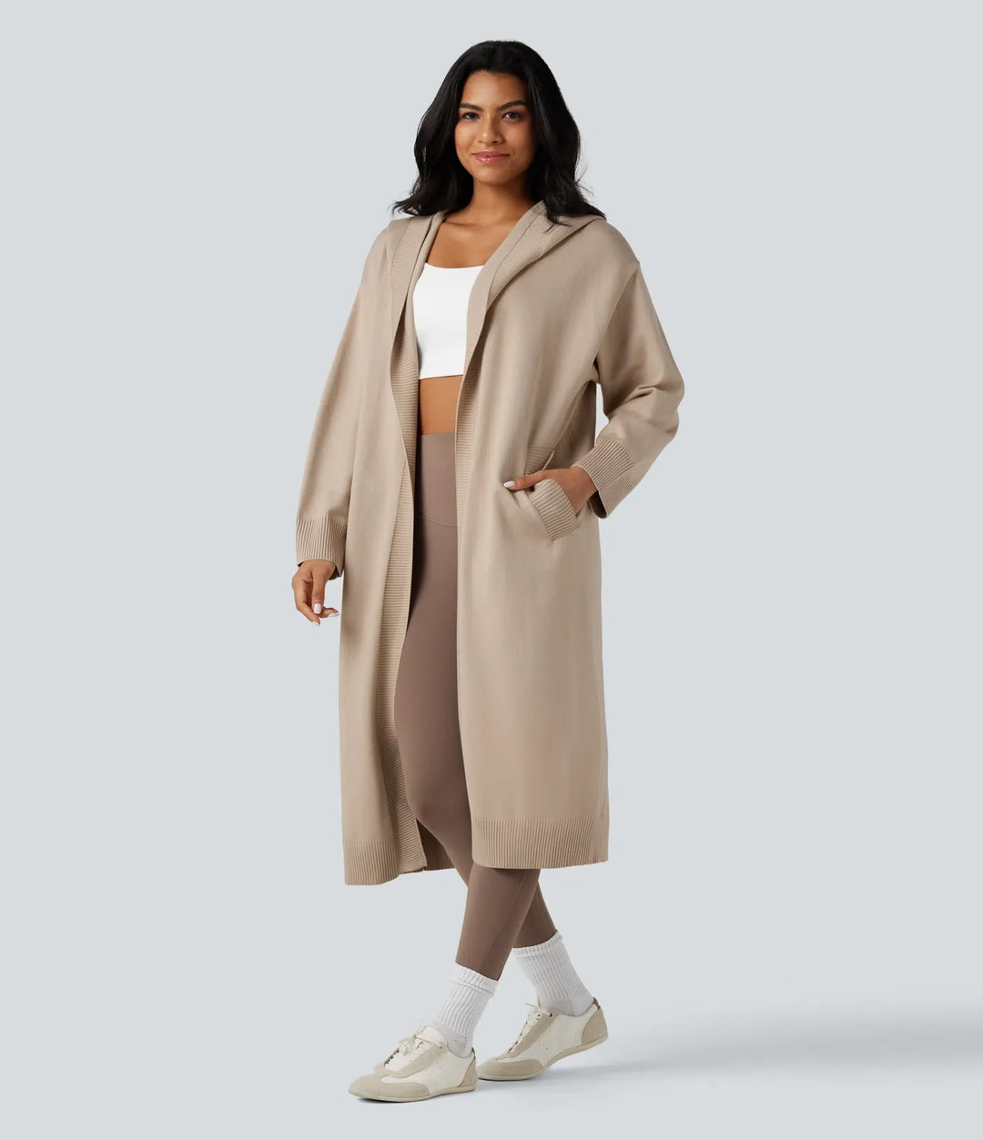 Med huva långärmad lång modell vardaglig cardigan med fickor
