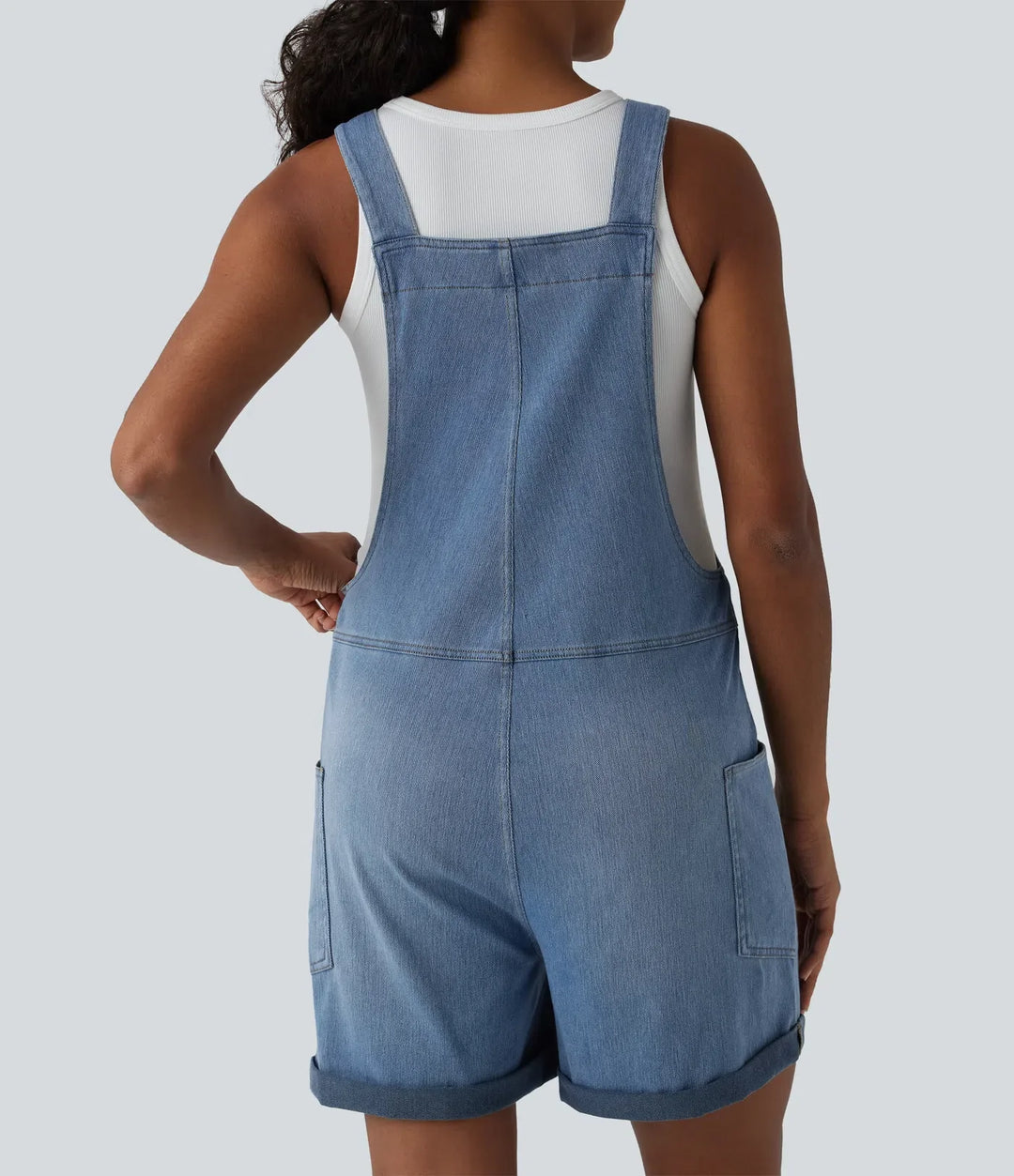 Lyckera Flex V-ringad upprullad fåll tvättad denim vardaglig kort overall med fickor