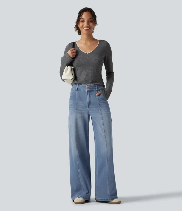 Lyckera Flex medelhög midja vida ben vardagsjeans med fickor
