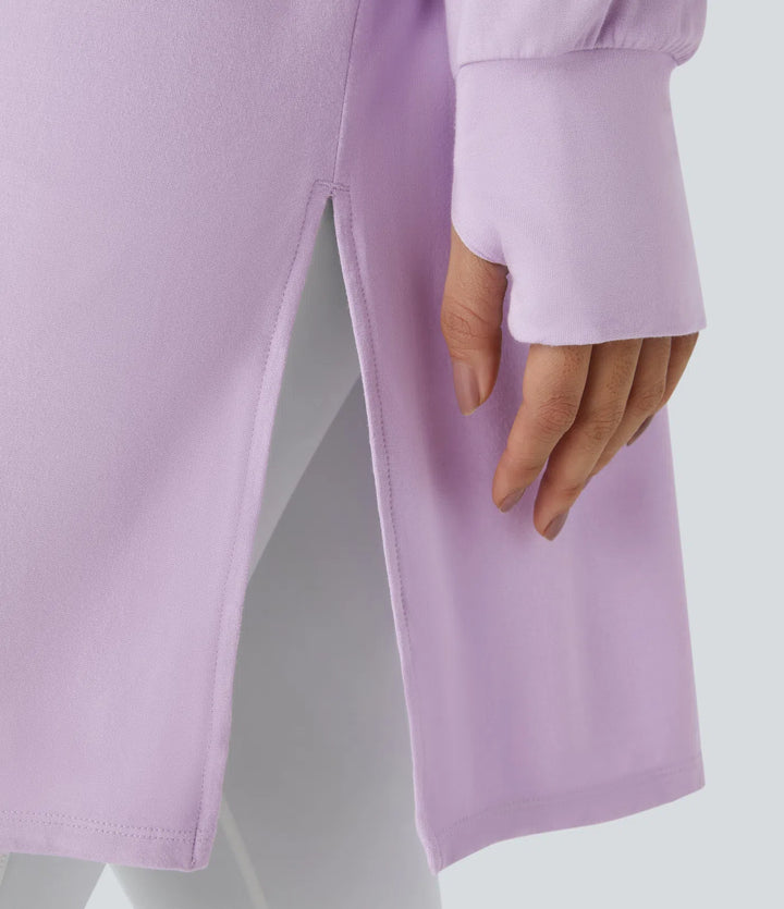 Med huva V-ringad dragsko tumhål lång modell vardaglig sweatshirt