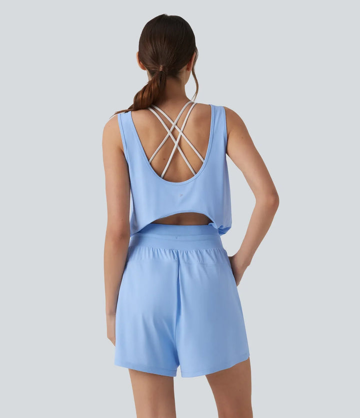 Rund hals skuren-ut dragsko InstantCool yoga playsuit med fickor-UPF50+