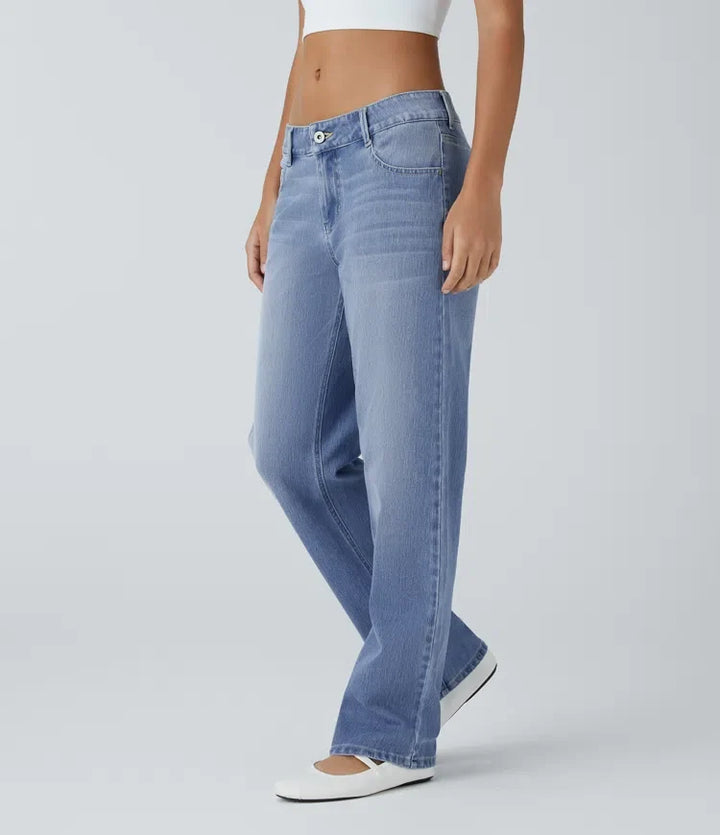 Halara Flex med låg midja dragkedja fickor raka ben tvättad vardagsjeans