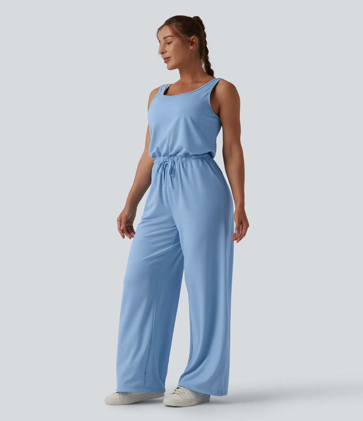 U-ringad djup-rund rygg dragsko vardaglig jumpsuit med fickor