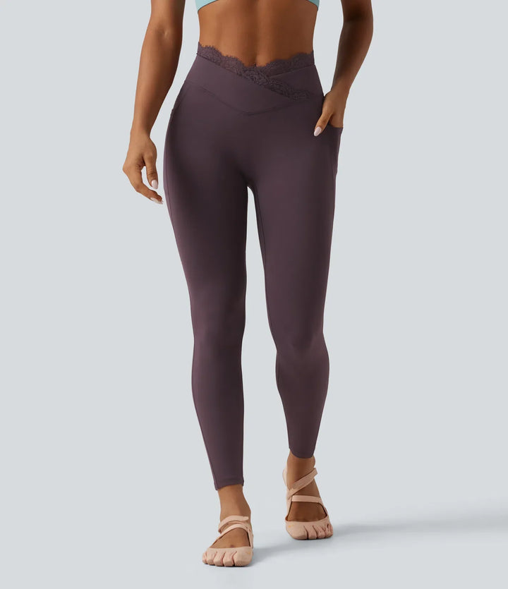 SoftlyZero med hög midja omlott kontrastspets yogaleggings med fickor