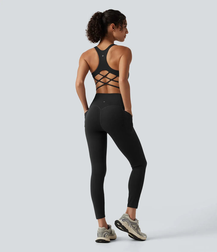 Halara UltraSculpt inbyggd bh magkontroll träning jumpsuit med fickor – Easy Peezy-utgåva