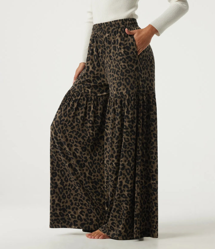 Högmidjad leopardmönster baggy vardagsbyxor med fickor