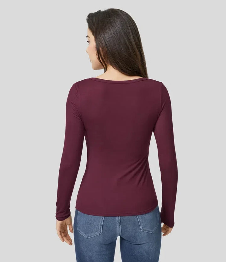 Ribbad henleyringning långärmad smal T-shirt för vardag