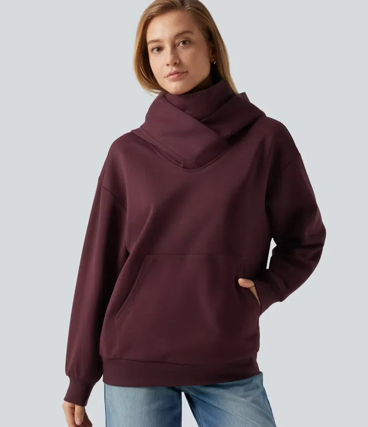 Med huva crossover nedhasad långärmad fleece vardaglig sweatshirt med ficka