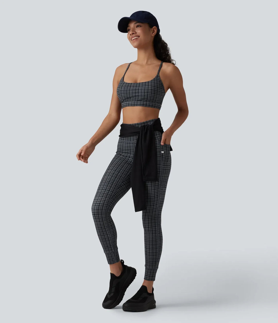Halara UltraSculpt rutig rutig tryck med hög midja dragsko yogaleggings med fickor