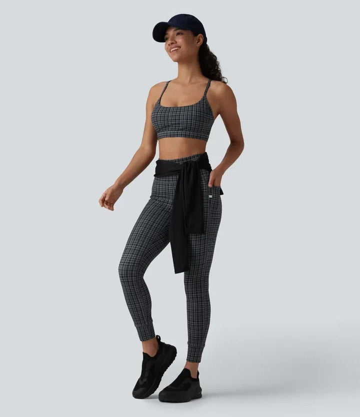 Halara UltraSculpt rutig rutig tryck med hög midja dragsko yogaleggings med fickor