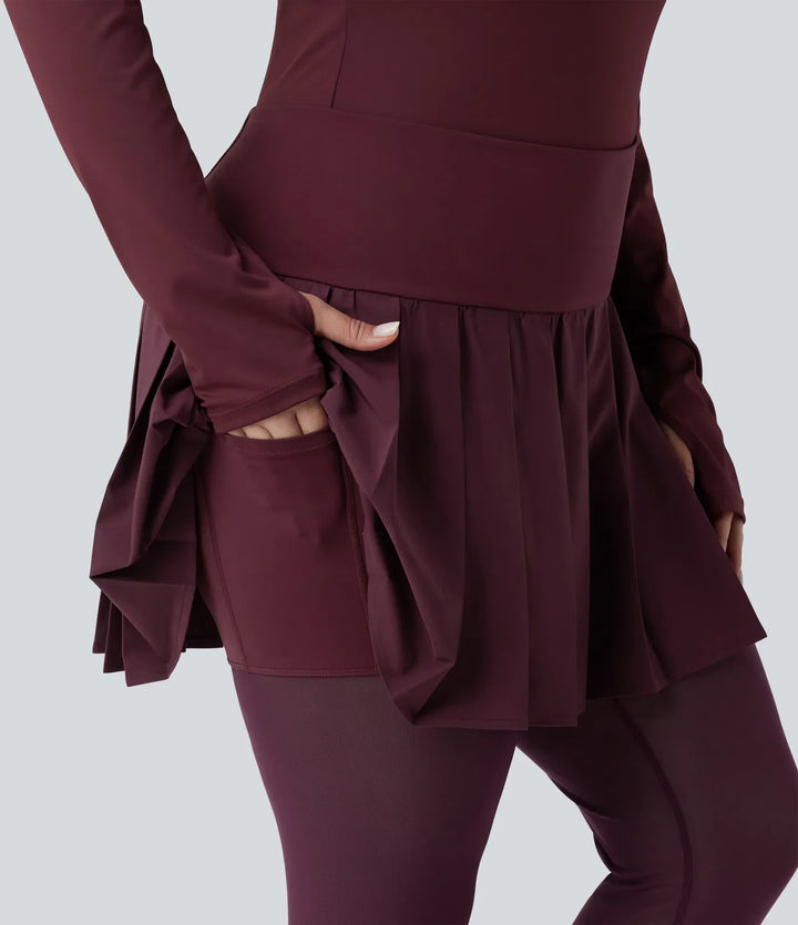 Breezeful med hög midja plisserad 2-i-1 kontrastmesh snabbtorkande dans plusstorlek stigbygel leggings med kjol med fickor