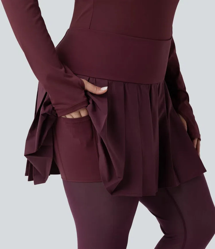Breezeful med hög midja plisserad 2-i-1 kontrastmesh snabbtorkande dans plusstorlek stigbygel leggings med kjol med fickor