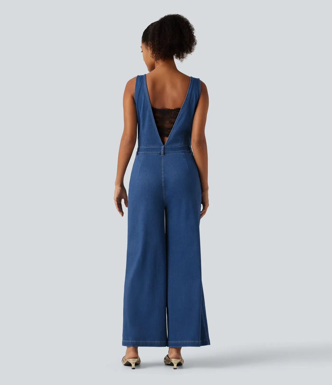 Lyckera Flex V-ringad vida ben denim vardaglig jumpsuit med fickor