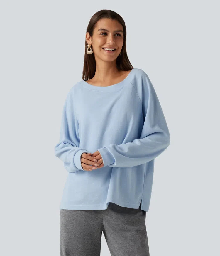 Båtringad lång raglanärm inbyggd BH vardaglig bomull sweatshirt