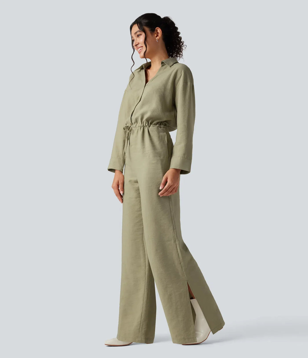 Långärmad dragsko vida ben arbetsjumpsuit med fickor
