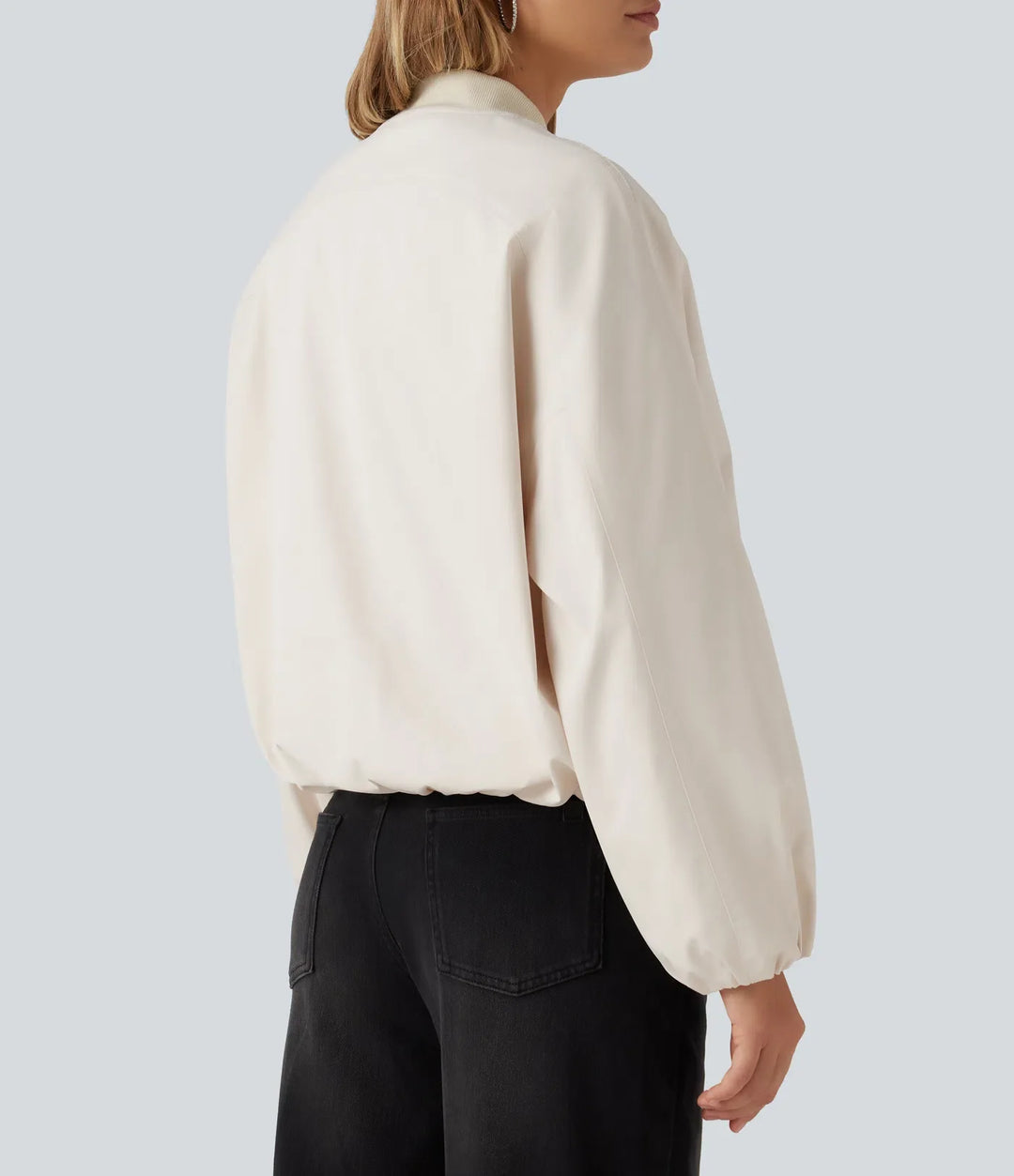 Rund hals långärmad vardaglig bomber jacka med fickor