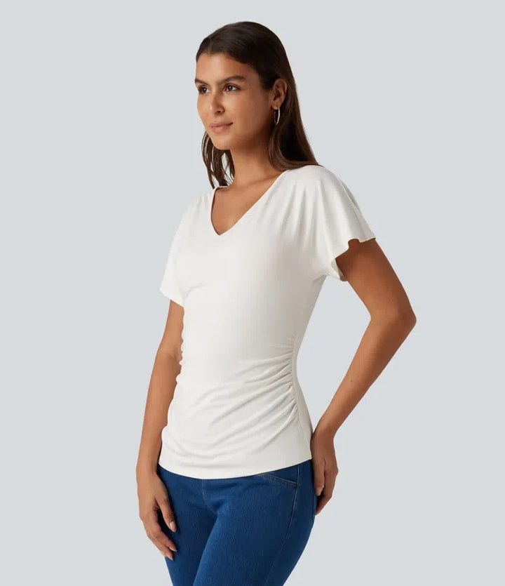 V-ringning kortärmad rynklad smal T-shirt för vardag