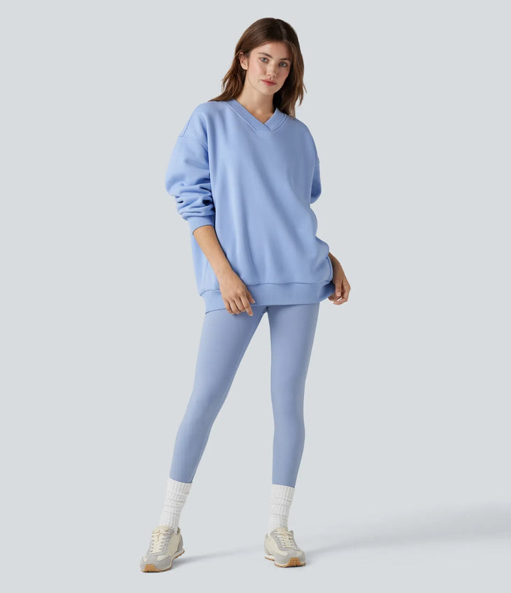 V-ringad långärmad fleece vardaglig bomull sweatshirt med fickor
