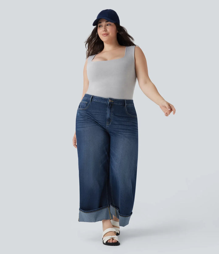 Plusstorlek Halara Flex med hög midja vida ben upprullad fåll tvättad stretchig stickad vardagsjeans med fickor