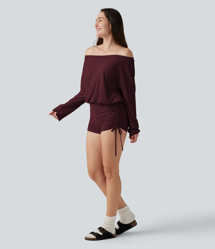 Långärmad rynkat spets upp lounge playsuit -Easy Peezy Edition