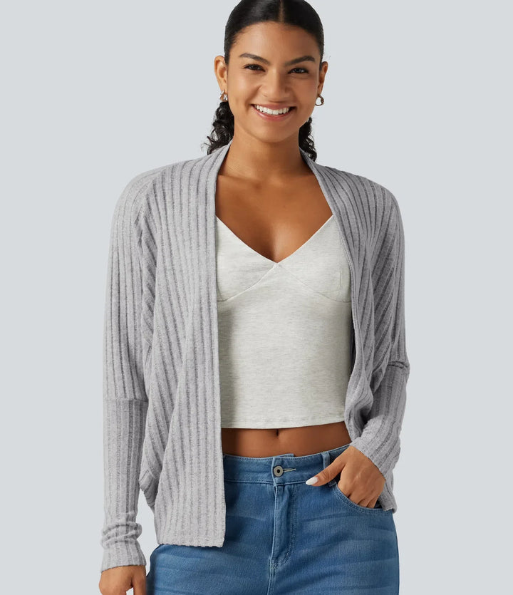 Ribbstickad öppen front lång fladdermusärm vardaglig cardigan