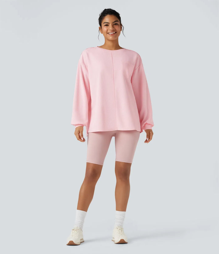 Rund hals långärmad slits fåll våffelstruktur oversized vardaglig sweatshirt med fickor