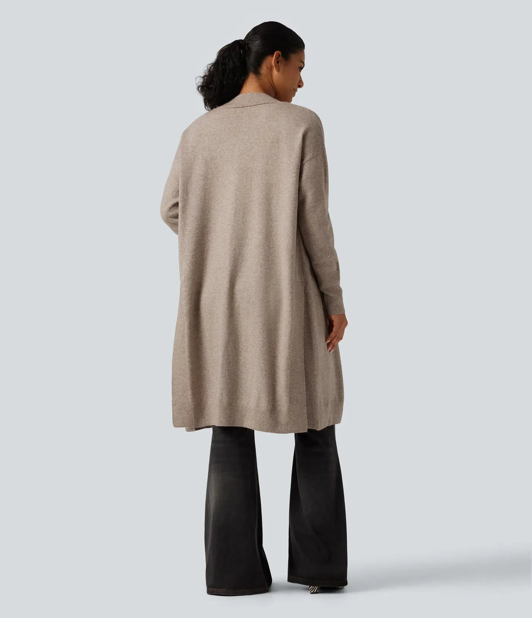 Långärmad öppen front vardaglig cardigan med fickor