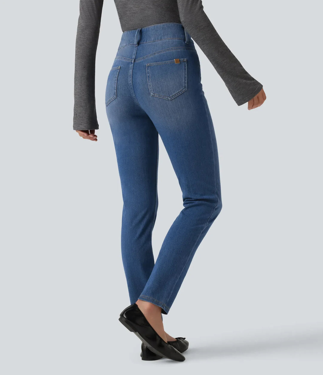 Lyckera Flex medelhög midja asymmetrisk vardaglig skinny jeans med fickor