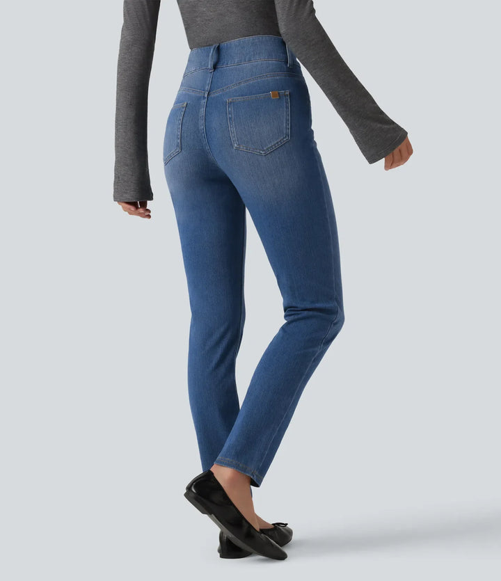 Lyckera Flex medelhög midja asymmetrisk vardaglig skinny jeans med fickor