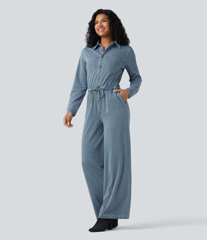 Lyckera Flex långärmad dragsko vida ben tvättad denim vardaglig jumpsuit med fickor-Easy Peezy Edition