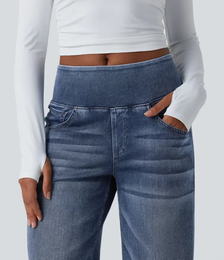 Halara Flex med medelhög midja draperad lyocell tvättad för vardag baggy vida ben jeans med fickor