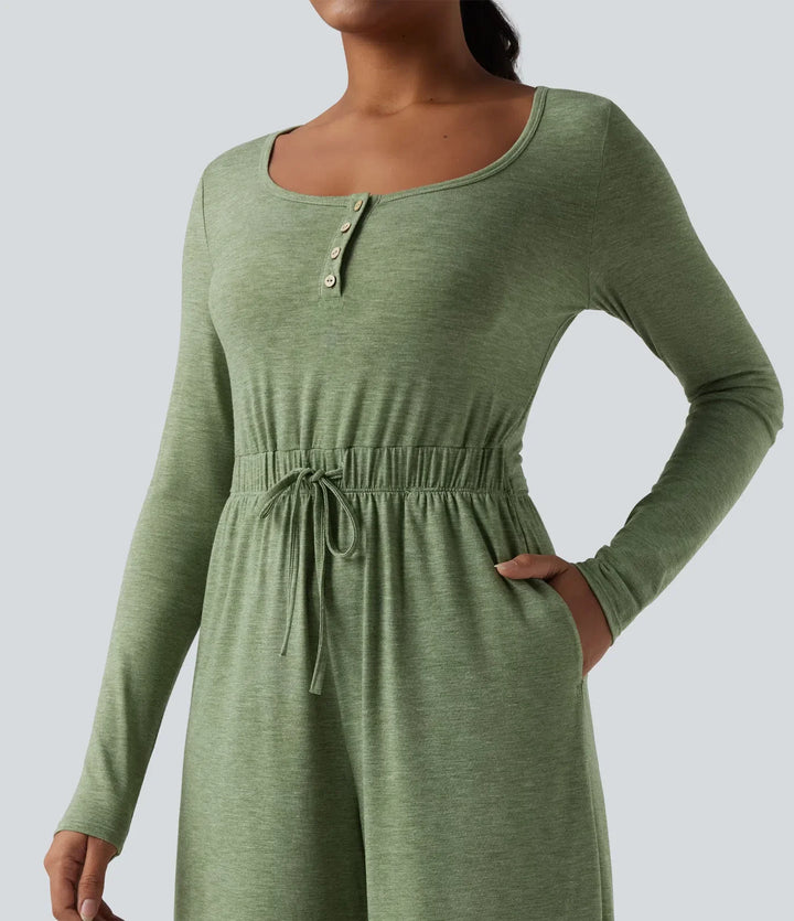 Henley långärmad dragsko melerad vardaglig baggy jumpsuit med fickor-Easy Peezy