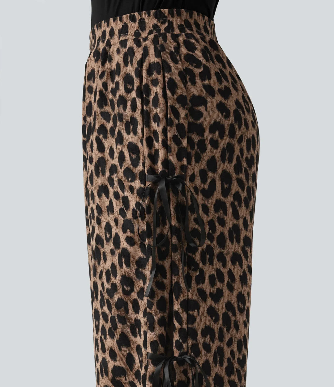Högmidjad leopardmönster våffelstruktur vida ben vardagsbyxor med fickor