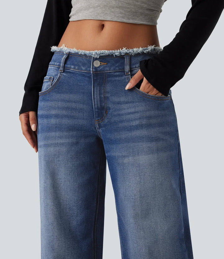 Med låg midja rå fåll vida ben vardagsjeans med fickor