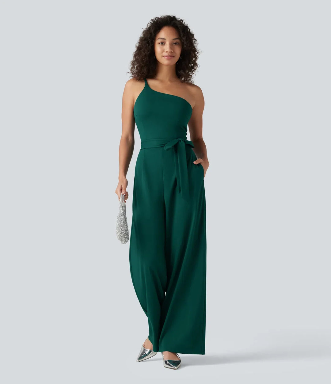 Enaxlad ärmlös bältad inbyggd BH fest jumpsuit med fickor- Easy Peezy
