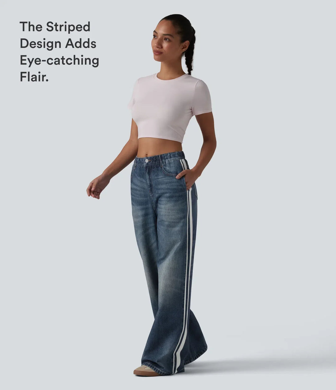 Medelhög midja denim mönster frotté randig vardaglig mjukisbyxor jeans med fickor