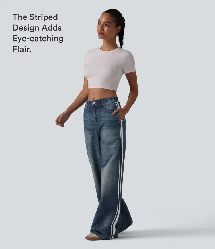 Med medelhög midja denim tryck French terry rand för vardag mjukisbyxor jeans med fickor