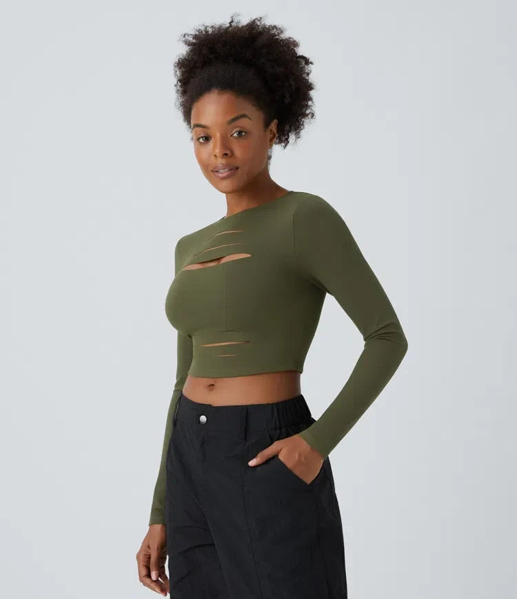 DayStretch rund hals långärmad skuren-ut sliten skinny croppad vardagstopp