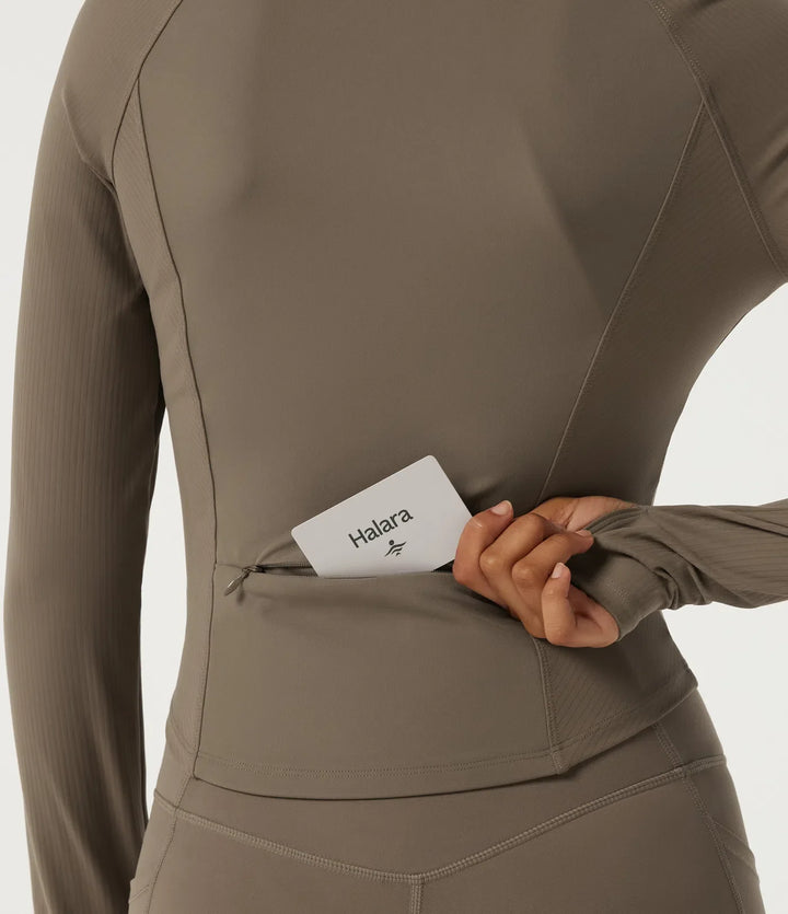 Lyckera UltraSculpt halvpolo långärmad yoga kurvig jacka med tumhål och fickor