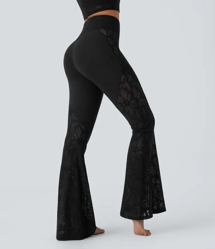 SoftlyZero med hög midja, omlottmidja och ficka kontrastspets utsvängd yogaleggings