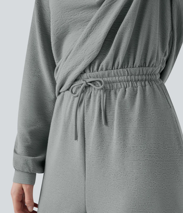V-ringad långärmad dragsko vardaglig jumpsuit med fickor-Easy Peezy