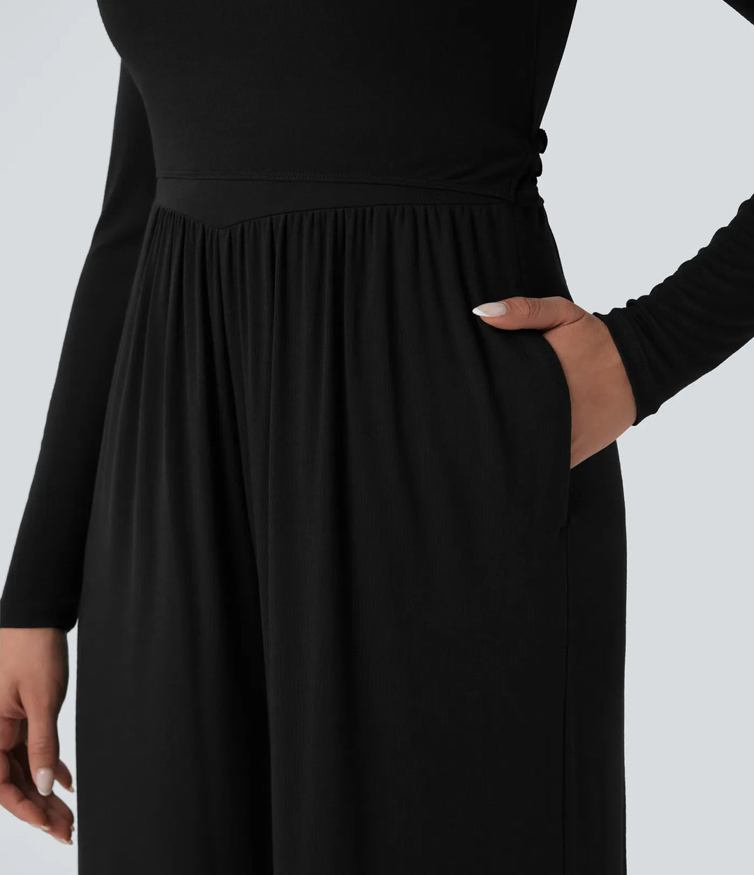 Ribbad V-ringad omlott knytning i ryggen långärmad vida ben vardaglig jumpsuit med fickor-Easy Peezy Edition