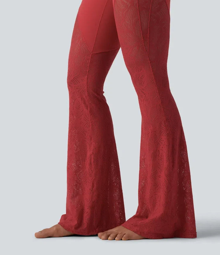 Halara UltraSculpt med hög midja och magkontroll kontrastspets yoga utsvängd leggings med ficka